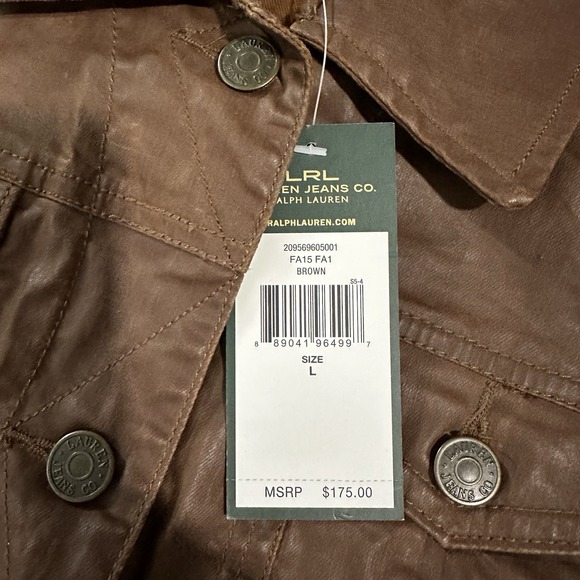 Lauren RALPH LAUREN Jeans Co. Classic Coated Denim‎ Trucker Jacket Brown size L - Picture 3 of 5